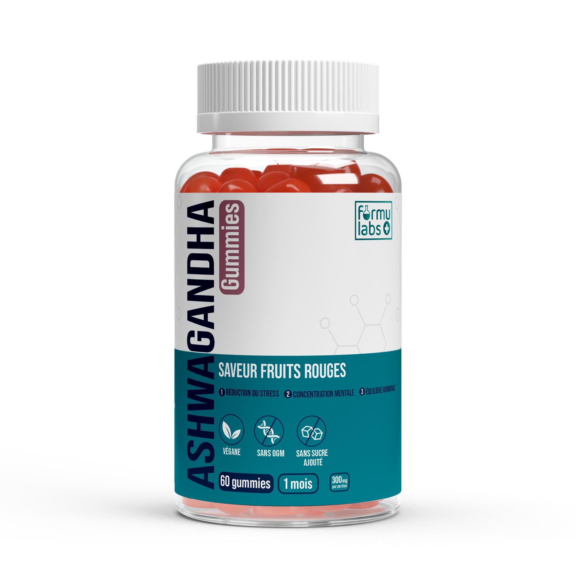 FormuLabs Ashwagandha + Vitamin B6 mixed berries gummies bottle, 60 count