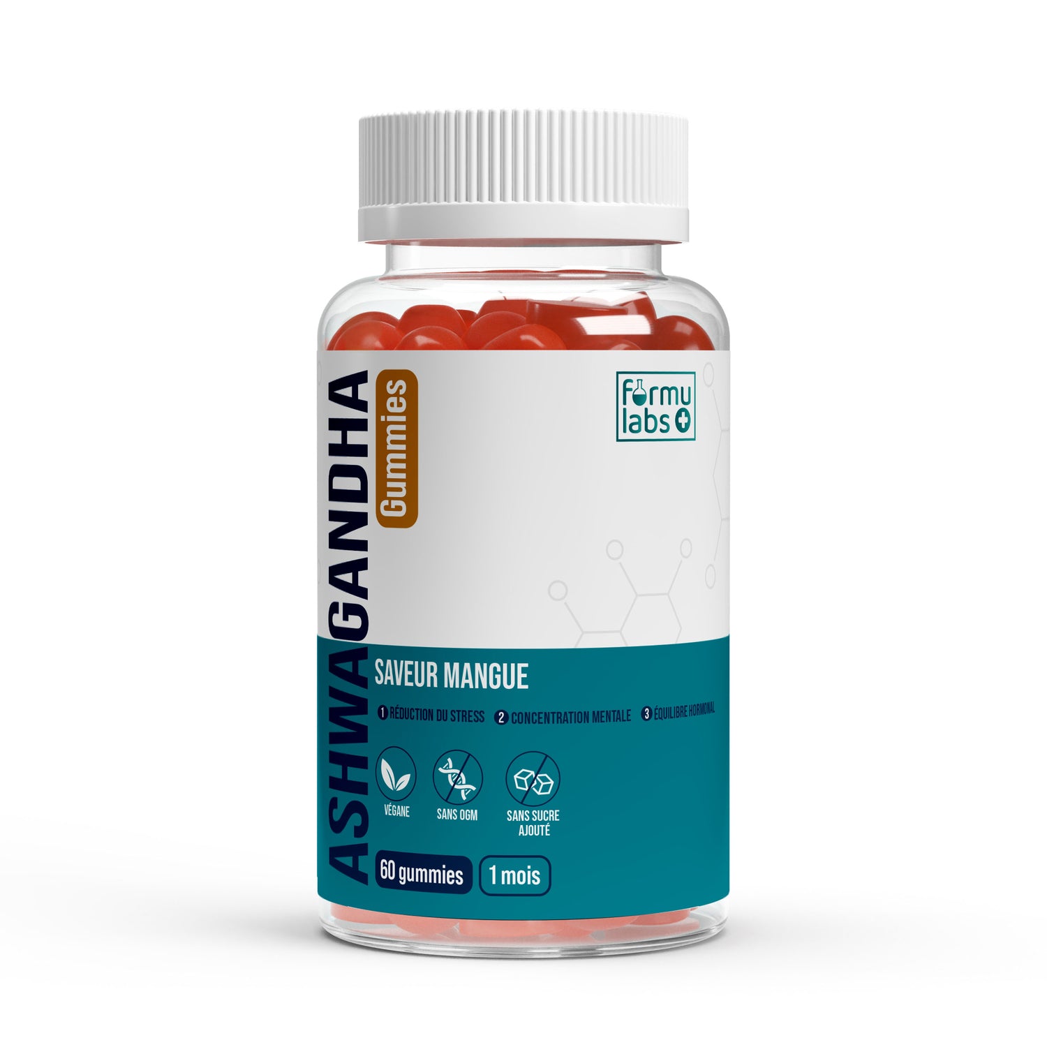 FormuLabs Ashwagandha + Vitamin B6 mango gummies bottle, 60 count