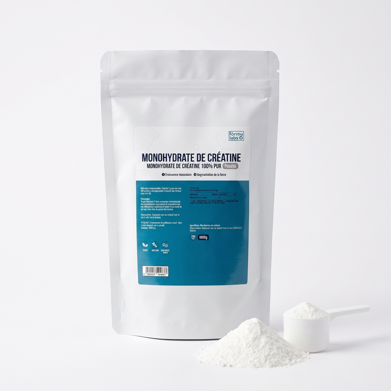 FormuLabs Creatine Monohydrate 1000g doypack with micronised creatine powder and measuring scoop on white background
