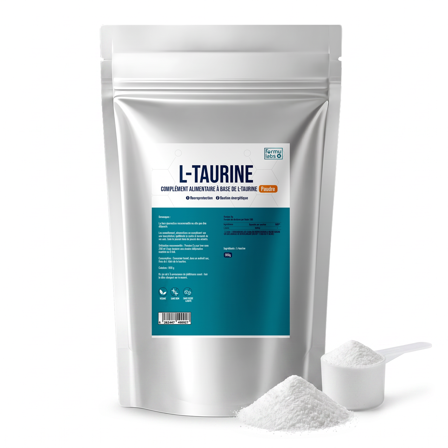 FormuLabs Taurine Powder 500g doypack with taurine powder and measuring scoop on white background