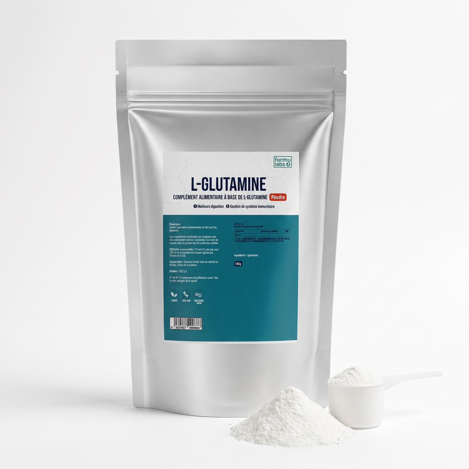 FormuLabs L-Glutamine Powder 500g doypack with glutamine powder and measuring scoop on white background