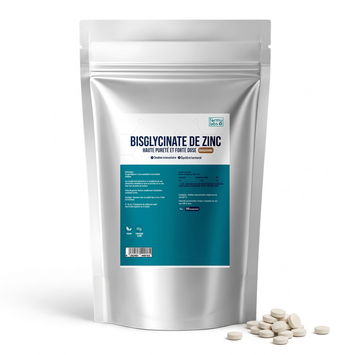 FormuLabs Zinc Bisglycinate 25mg doypack with loose zinc tablets on white background