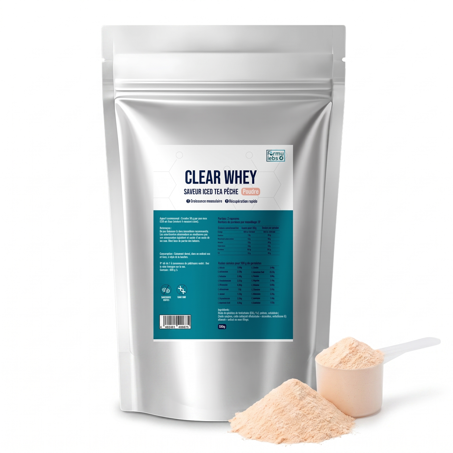 FormuLabs Clear Whey Protein Iced Tea Peach 500g doypack with powder and measuring scoop on white background