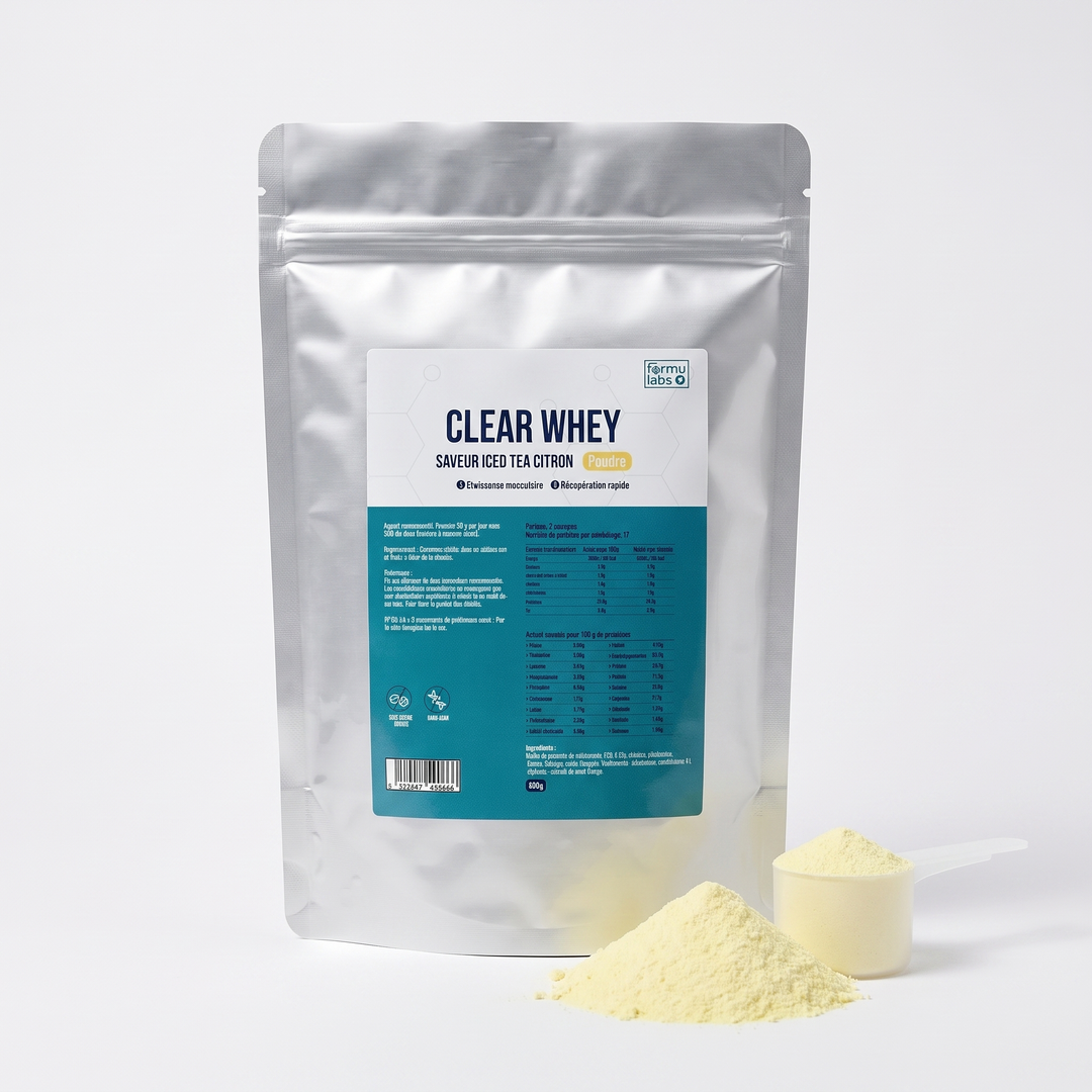 FormuLabs Clear Whey Protein Iced Tea Lemon 500g doypack with powder and measuring scoop on white background