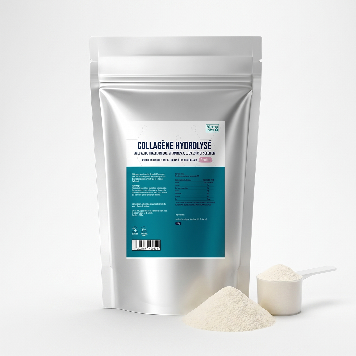 FormuLabs Collagen Hydrolysate Powder 500g doypack with collagen powder and measuring scoop on white background