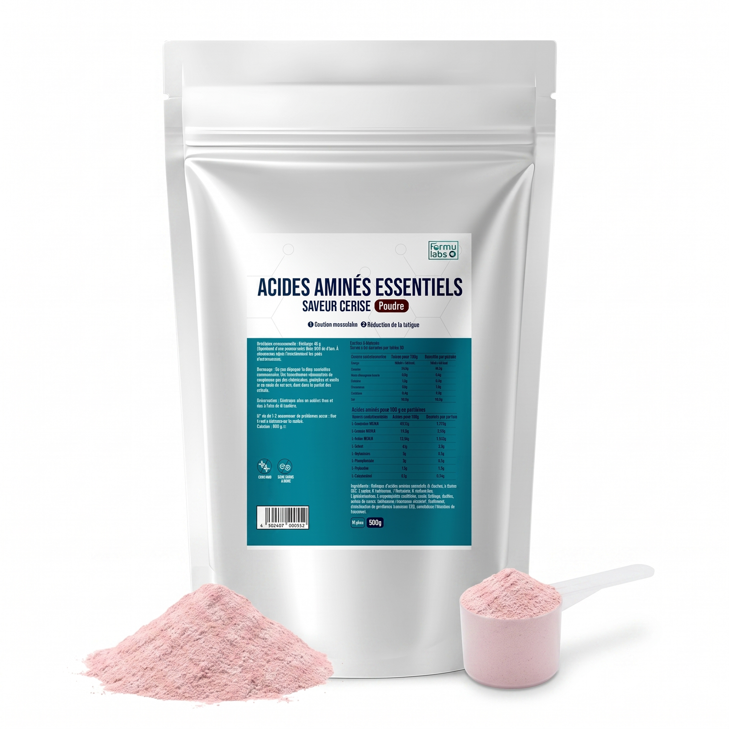 FormuLabs EAA Essential Amino Acids Cherry 500g doypack with powder and measuring scoop on white background