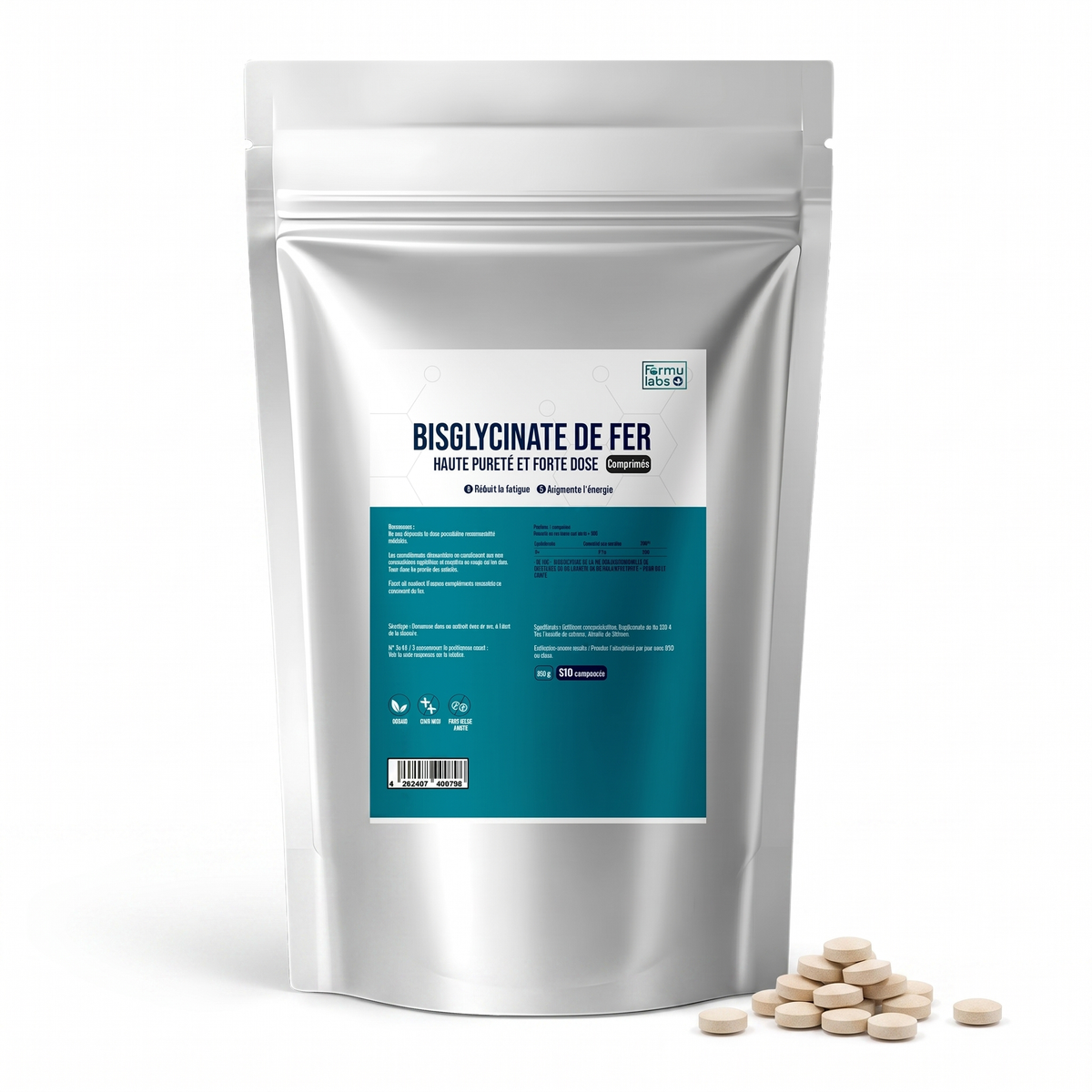 FormuLabs Iron Bisglycinate 25mg doypack with loose iron tablets on white background